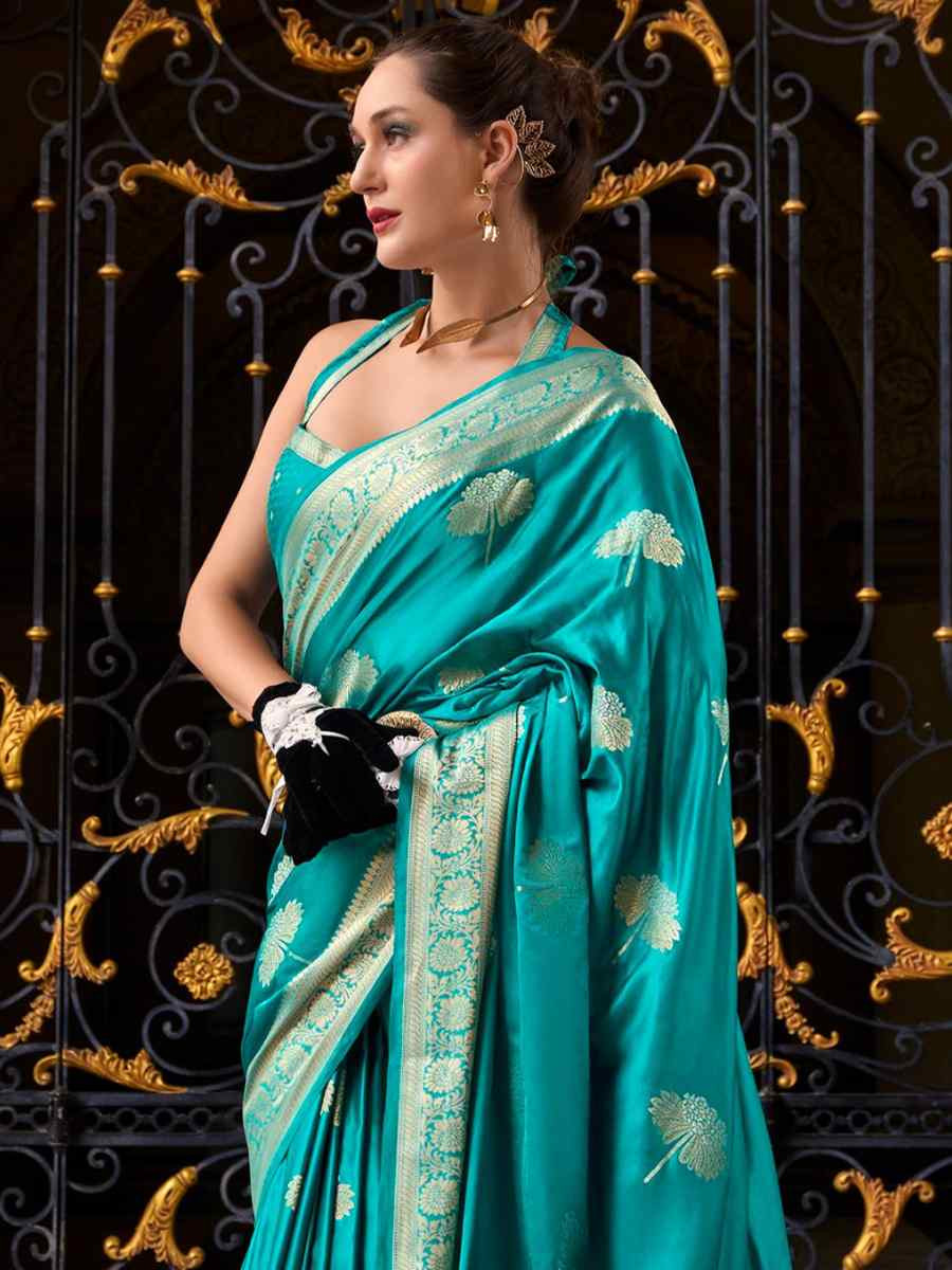 Turquoise Satin Silk Handwoven Festival Wedding Heavy Border Saree