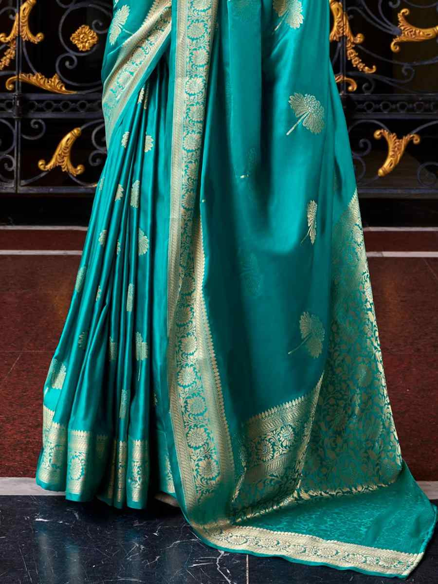 Turquoise Satin Silk Handwoven Festival Wedding Heavy Border Saree