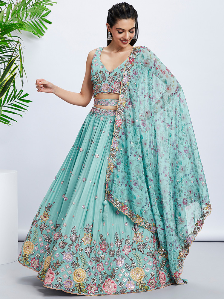 Turquoise Silk Chiffon Embroidered Reception Party Wear Heavy Border Lehenga Choli