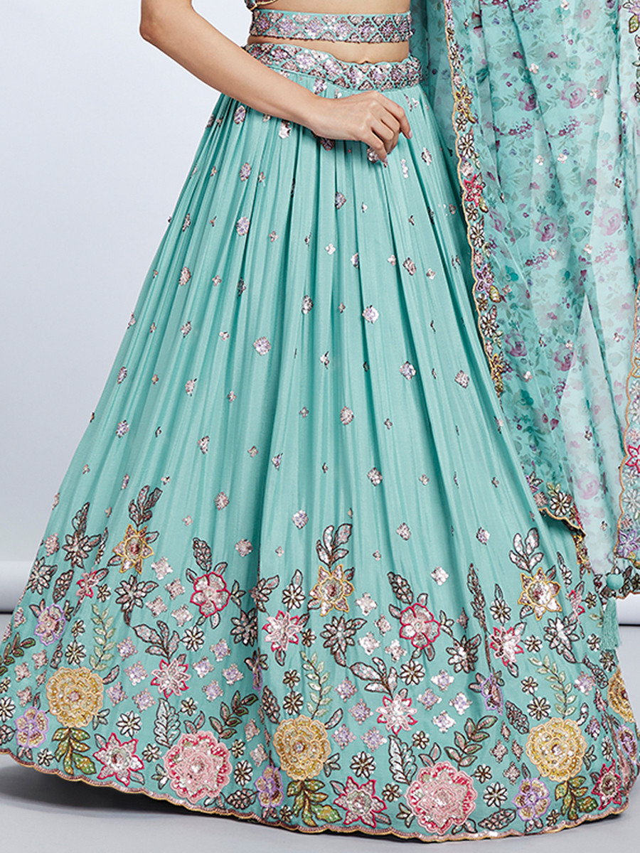 Turquoise Silk Chiffon Embroidered Reception Party Wear Heavy Border Lehenga Choli