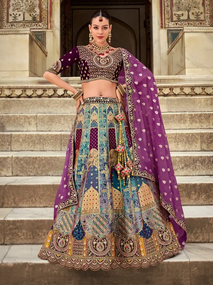 Turquoise Silk Embroidered Wedding Bridal Heavy Border Lehenga Choli