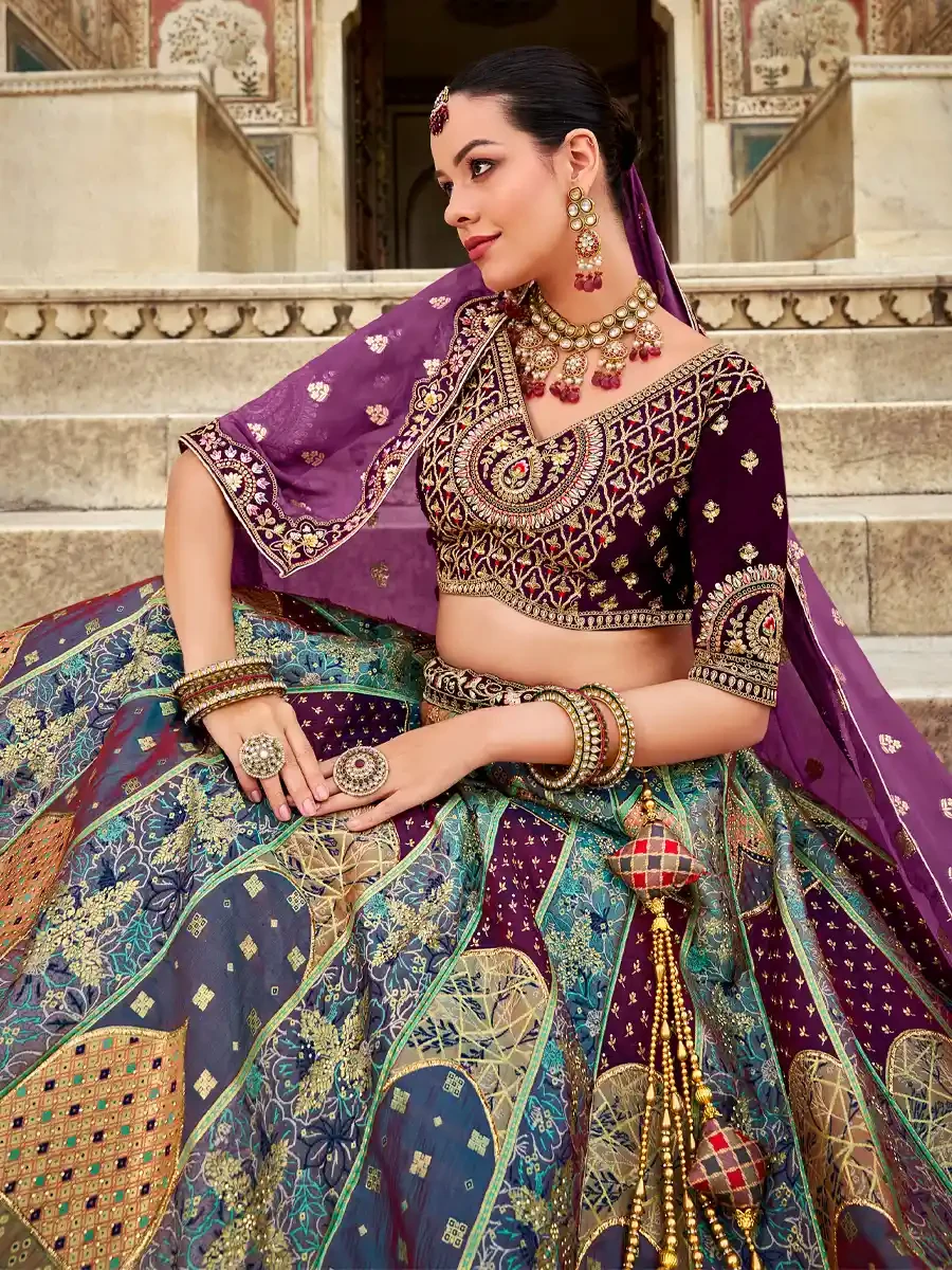 Turquoise Silk Embroidered Wedding Bridal Heavy Border Lehenga Choli