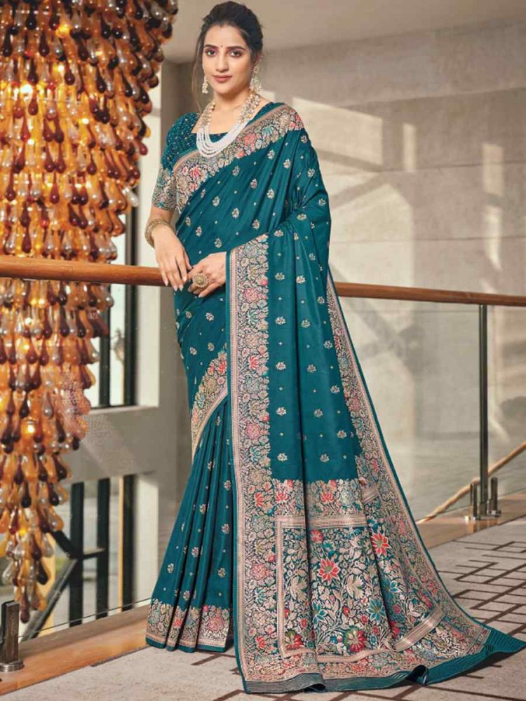 Turquoise Silk Embroidered Wedding Party Heavy Border Saree