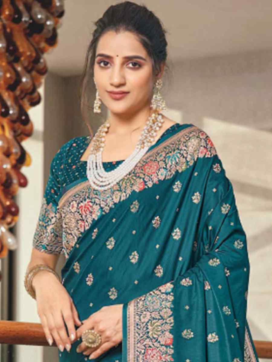 Turquoise Silk Embroidered Wedding Party Heavy Border Saree