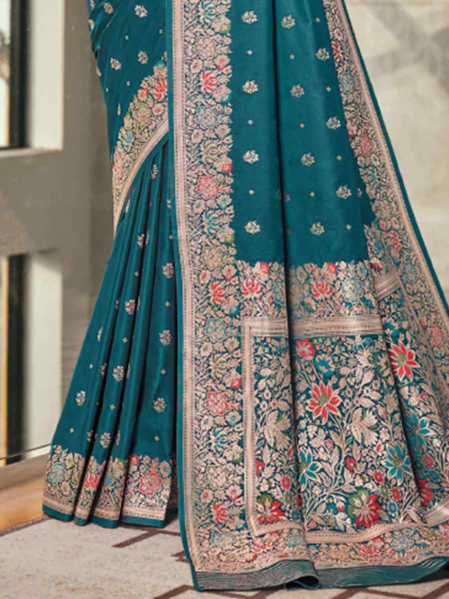 Turquoise Silk Embroidered Wedding Party Heavy Border Saree