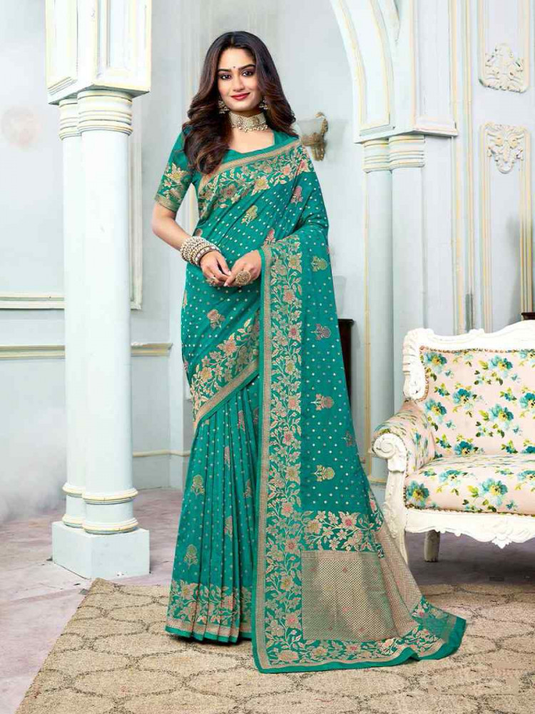 Turquoise Silk Handwoven Festival Wedding Heavy Border Saree