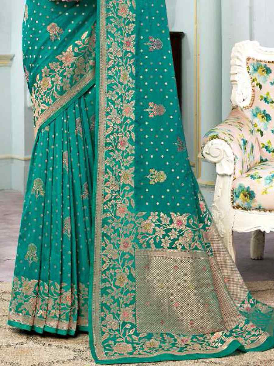 Turquoise Silk Handwoven Festival Wedding Heavy Border Saree