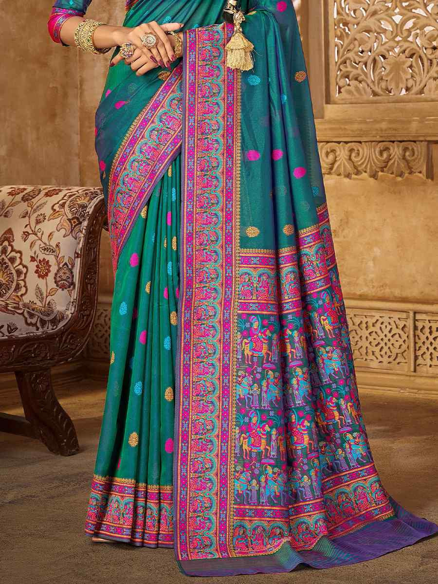 Turquoise Silk Handwoven Festival Wedding Heavy Border Saree