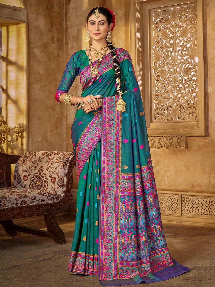 Turquoise Silk Handwoven Festival Wedding Heavy Border Saree