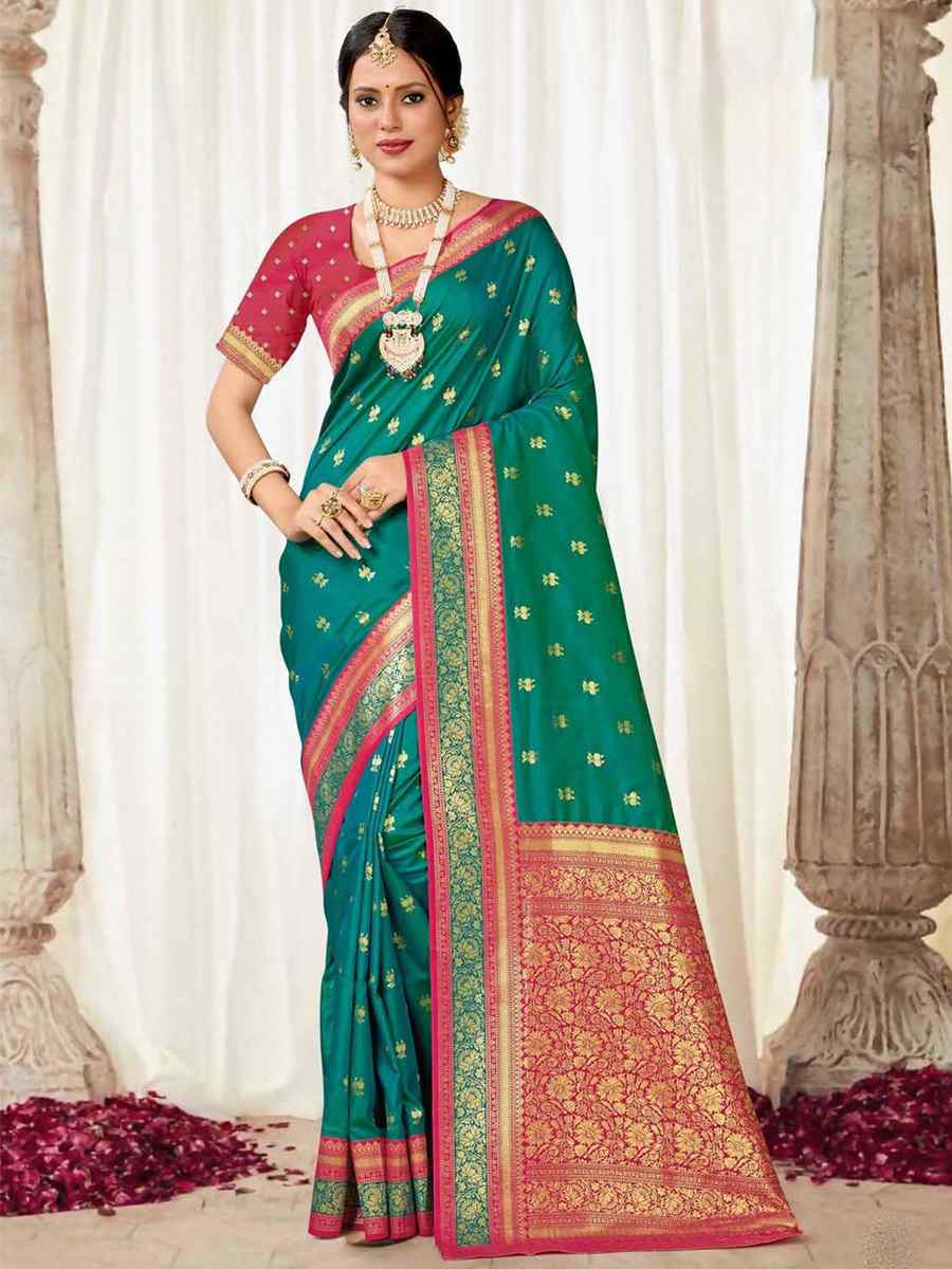 Turquoise Silk Handwoven Wedding Festival Heavy Border Saree