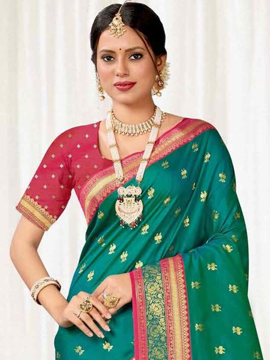 Turquoise Silk Handwoven Wedding Festival Heavy Border Saree