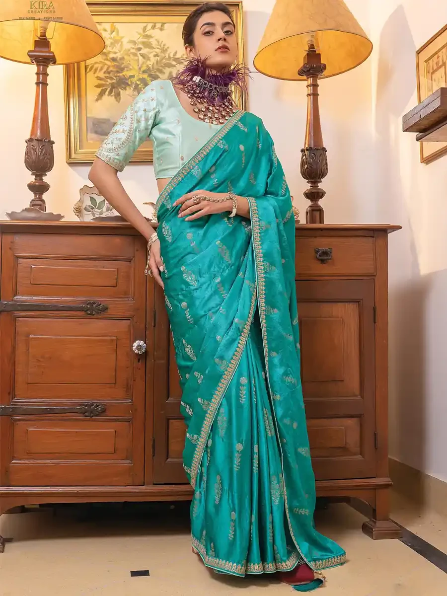 Turquoise Viscose Satin Silk Embroidered Reception Party Heavy Border Saree