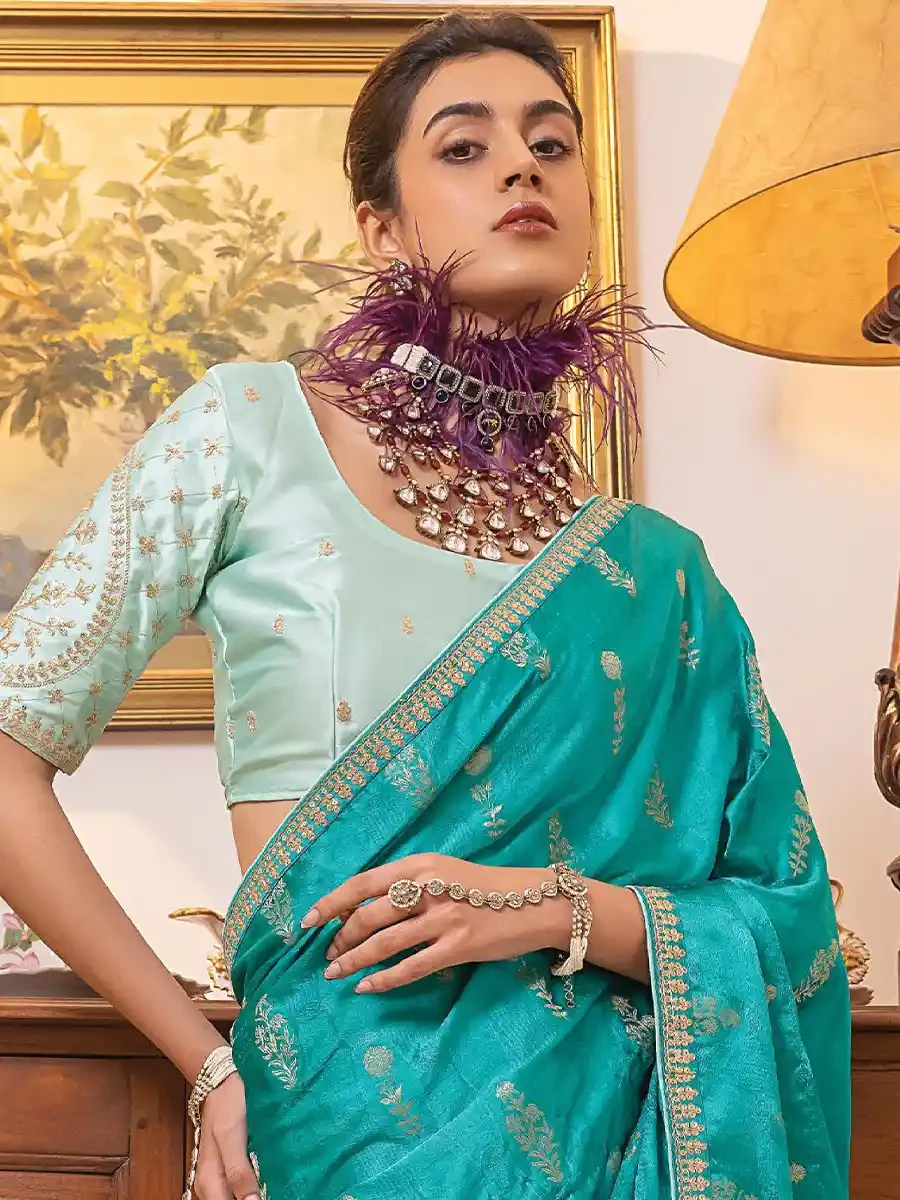 Turquoise Viscose Satin Silk Embroidered Reception Party Heavy Border Saree