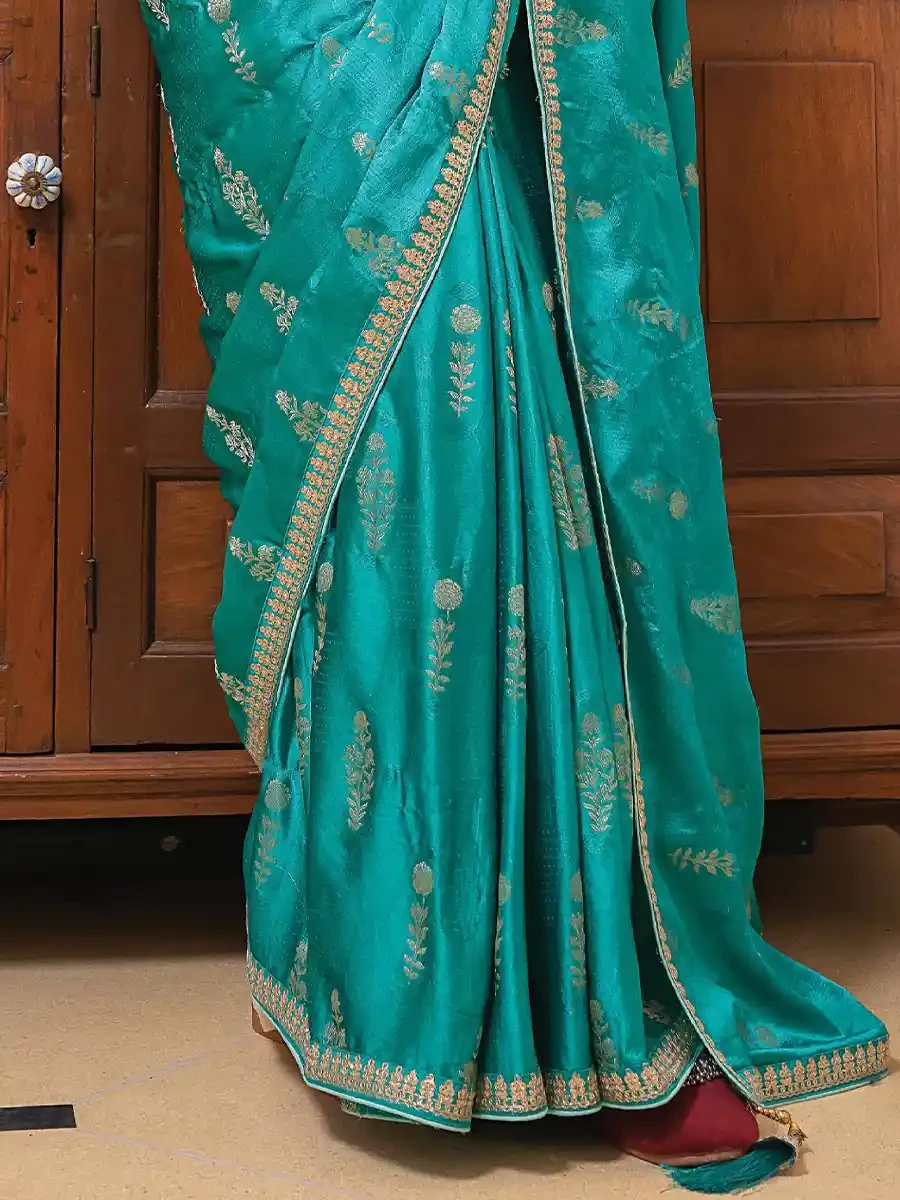 Turquoise Viscose Satin Silk Embroidered Reception Party Heavy Border Saree