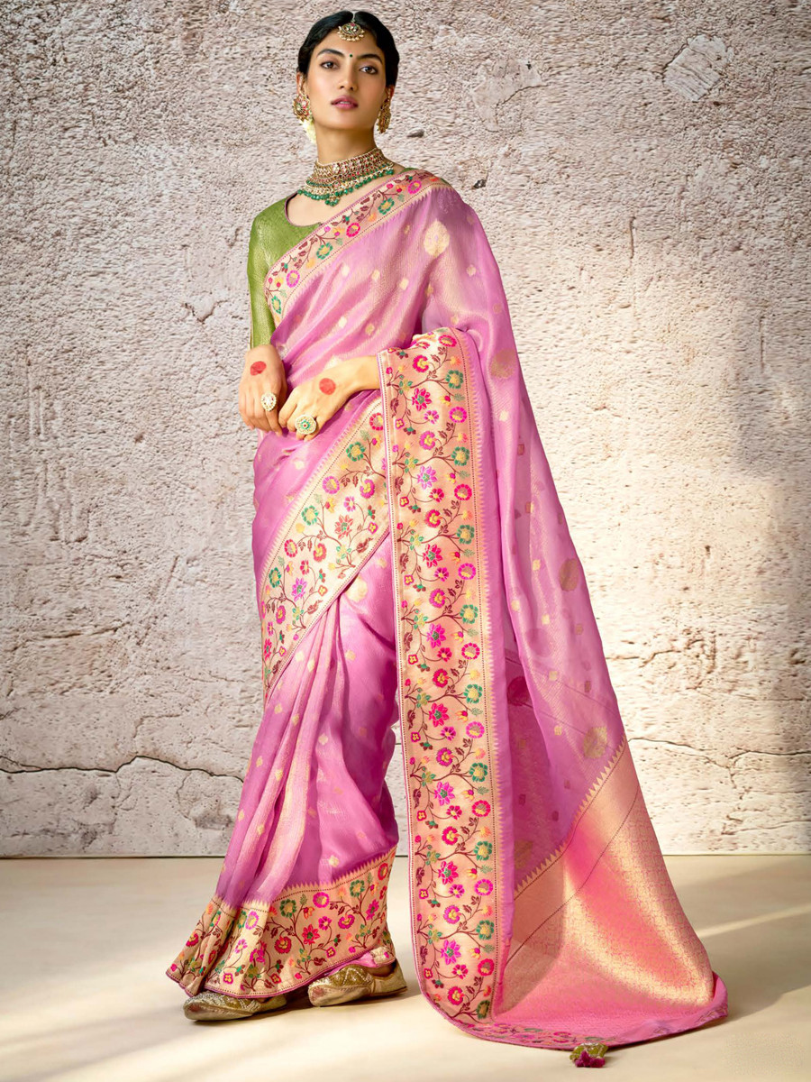 Violet Banarasi Silk Embroidered Reception Wedding Heavy Border Saree