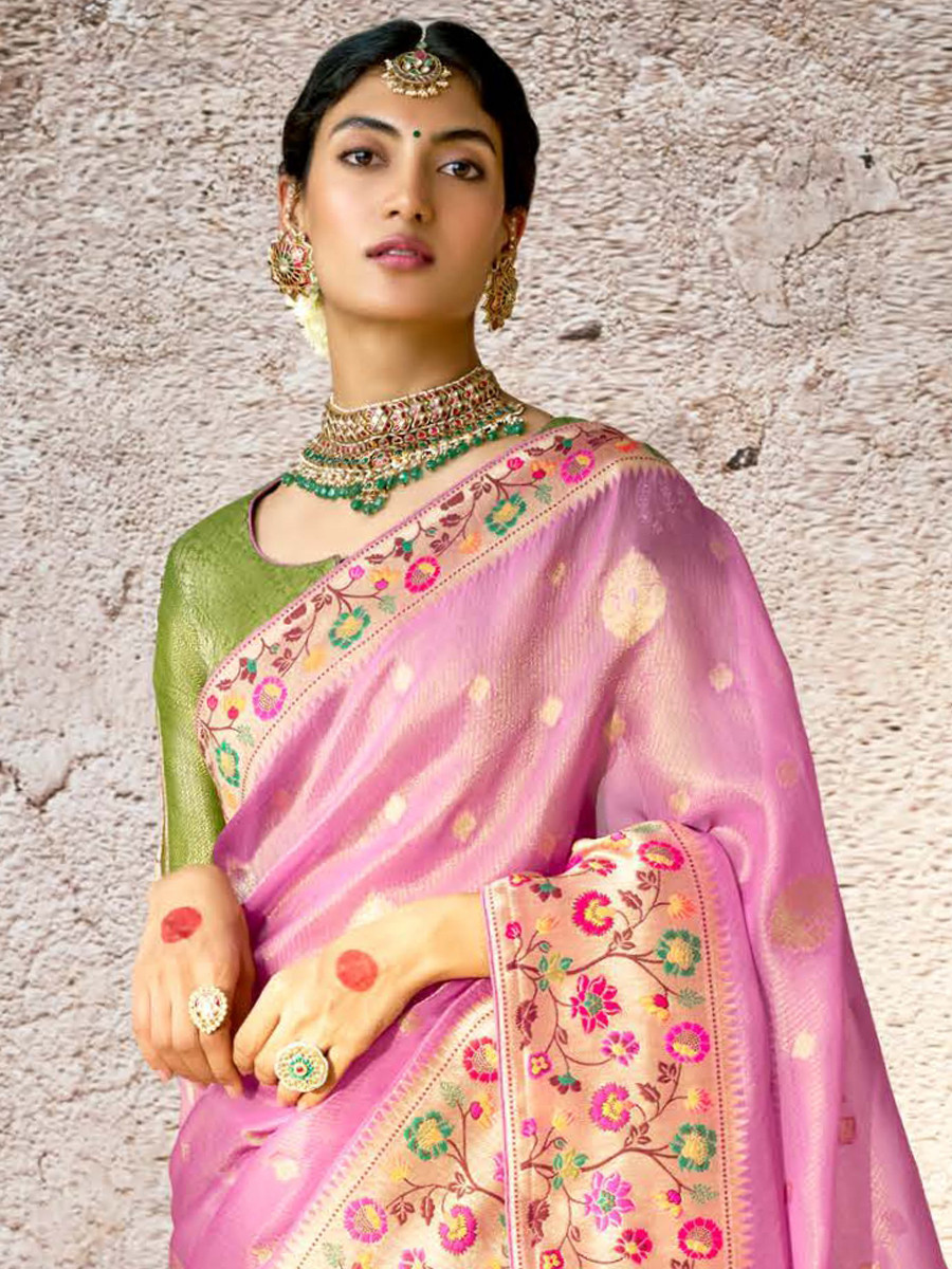 Violet Banarasi Silk Embroidered Reception Wedding Heavy Border Saree