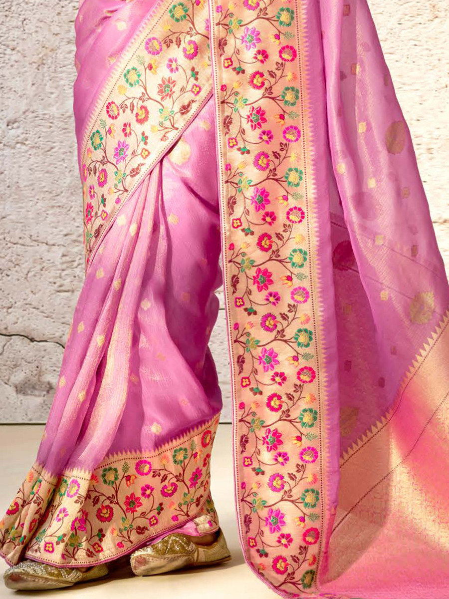 Violet Banarasi Silk Embroidered Reception Wedding Heavy Border Saree