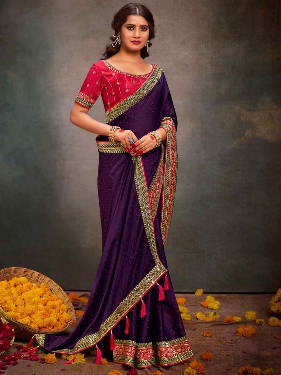 Violet Bsy Satin Embroidered Festival Wedding Heavy Border Saree