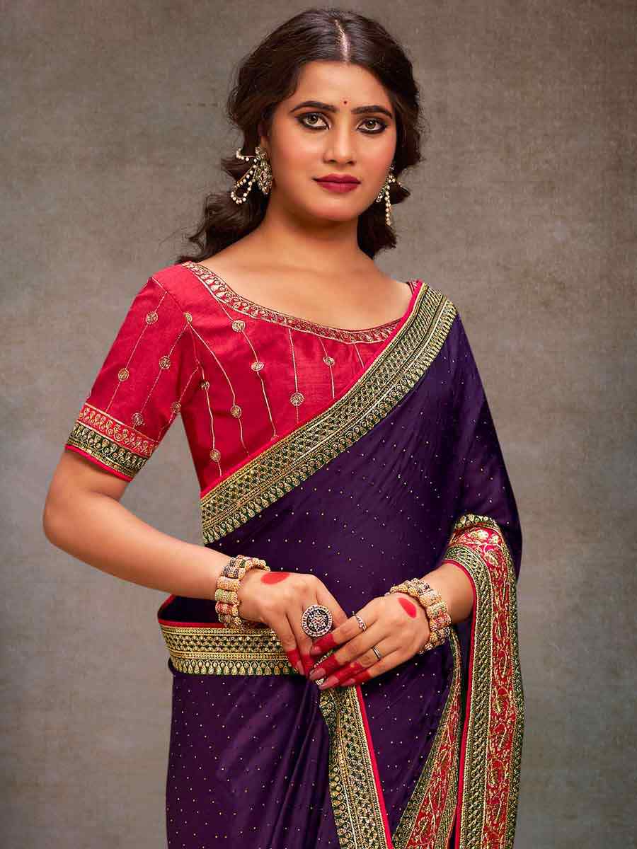 Violet Bsy Satin Embroidered Festival Wedding Heavy Border Saree