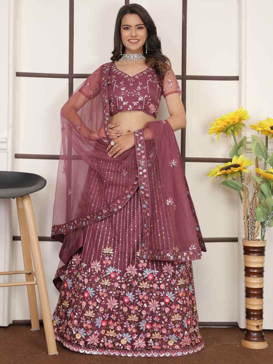 Violet Butter Net Embroidered Bridesmaid Wedding Heavy Border Lehenga Choli