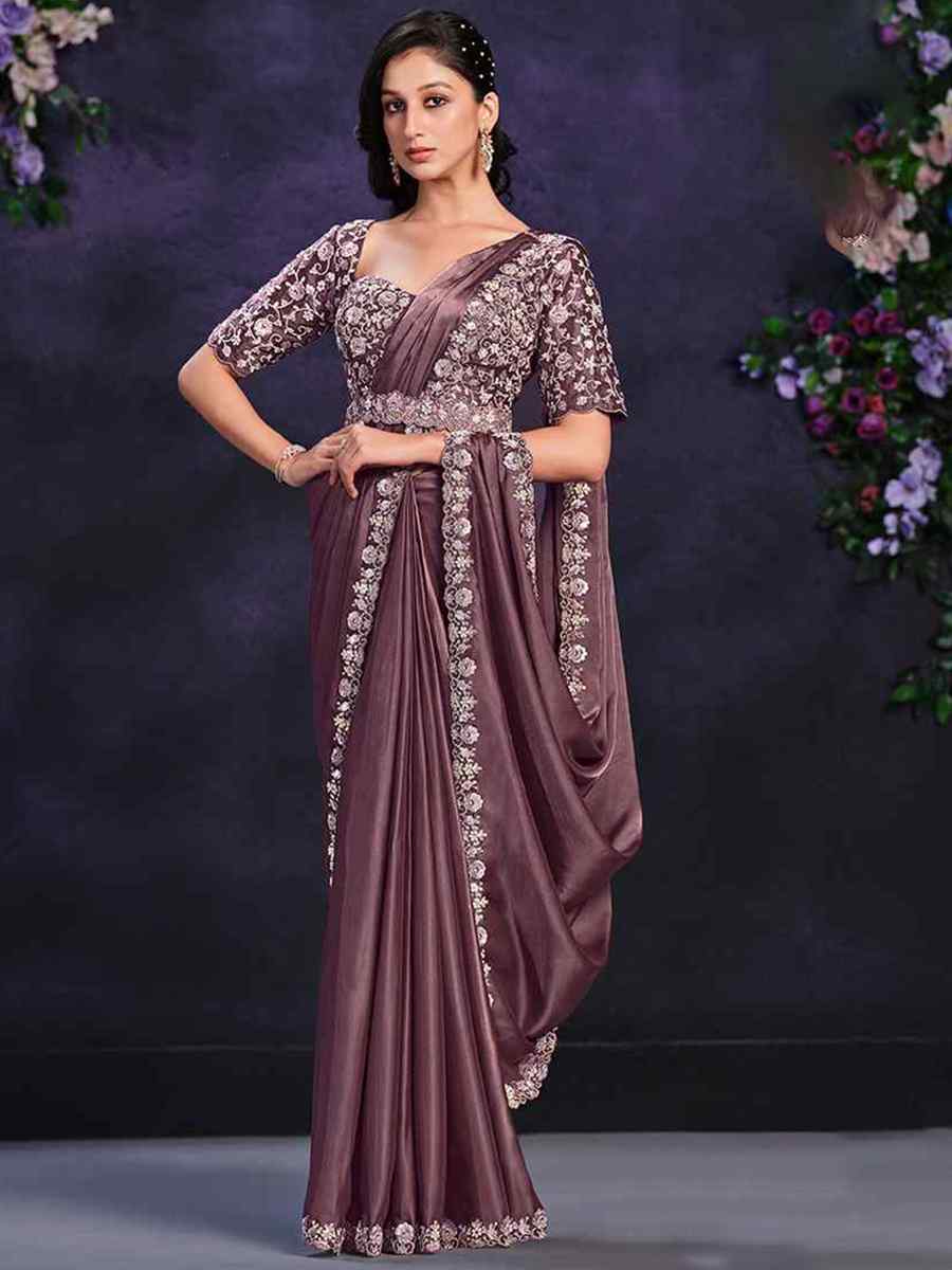 Violet Crepe Satin Silk Embroidered Wedding Party Heavy Border Saree