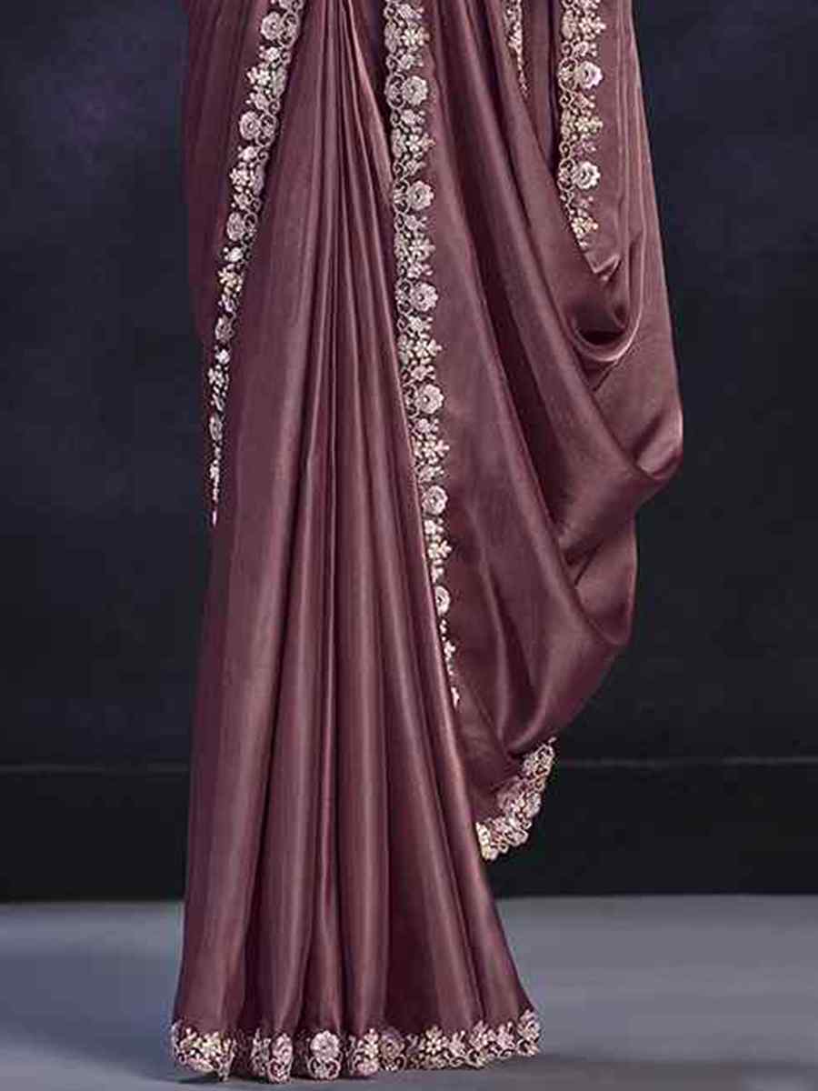 Violet Crepe Satin Silk Embroidered Wedding Party Heavy Border Saree