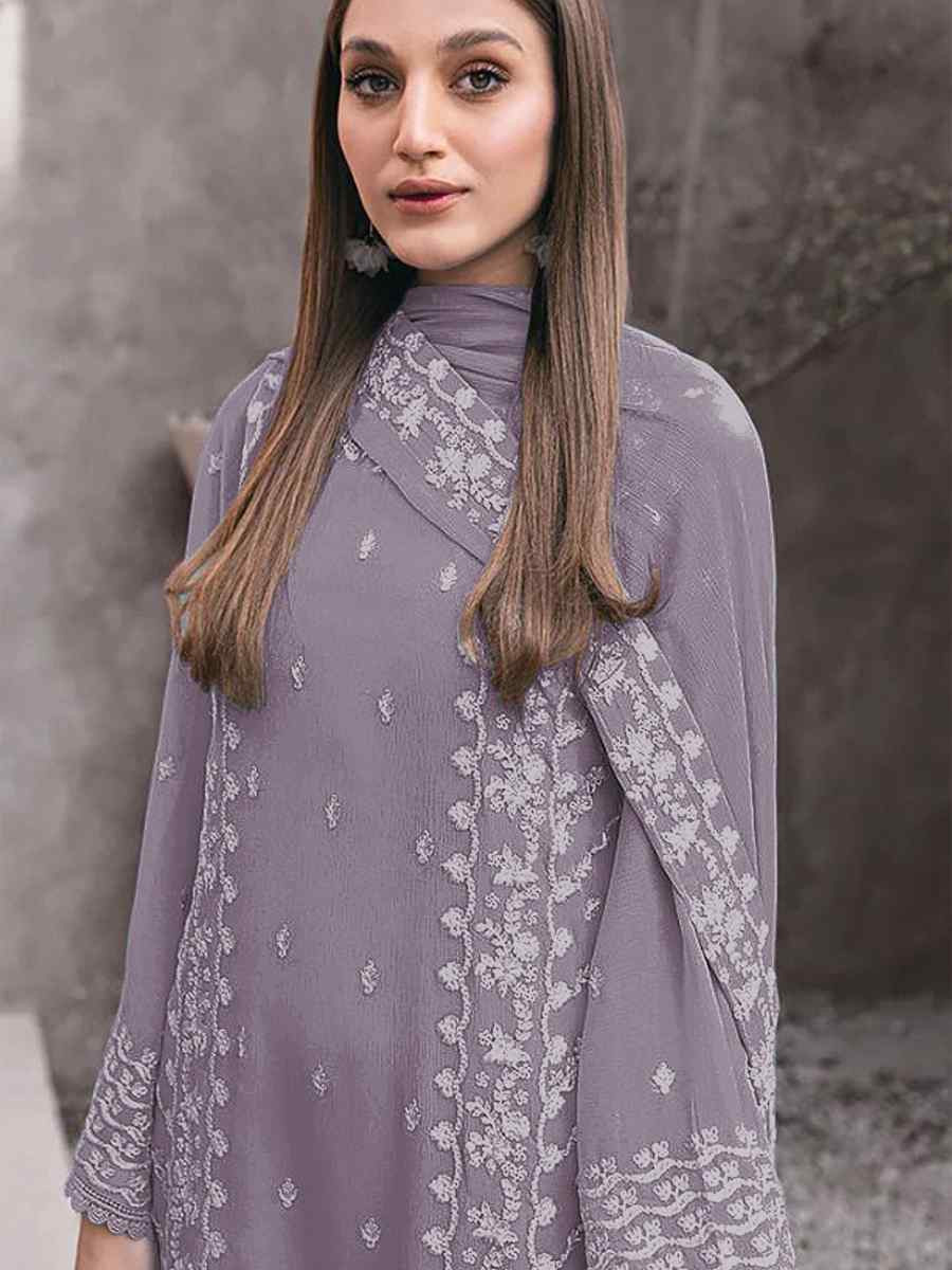 Violet Georgette Embroidered Festival Wedding Pant Salwar Kameez