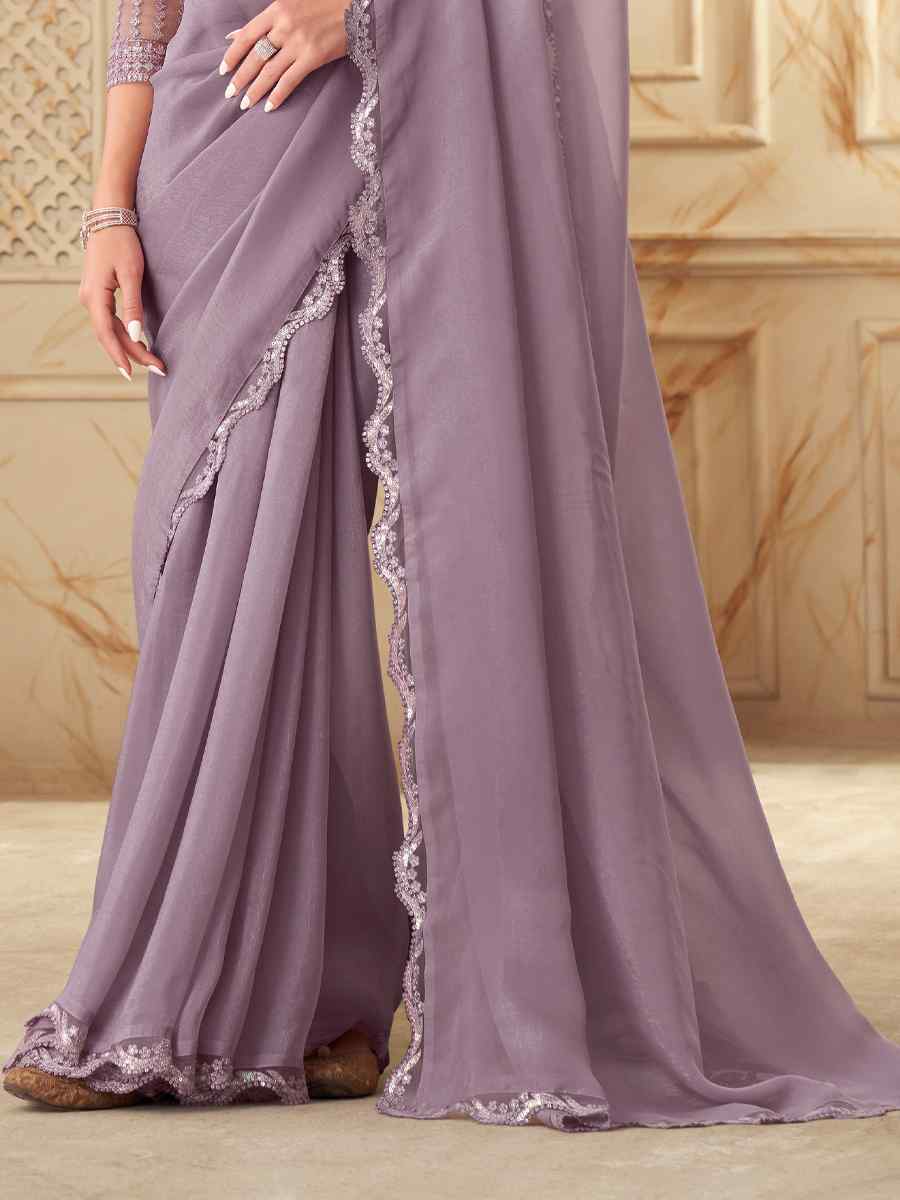 Violet Golden Silk Georgette Embroidered Party Festival Heavy Border Saree