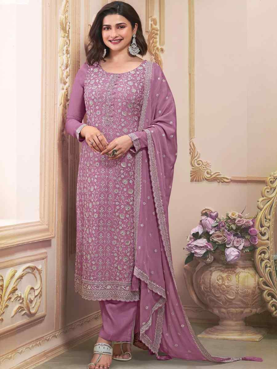 Violet Heavy Chinon Silk Embroidered Festival Casual Pant Salwar Kameez