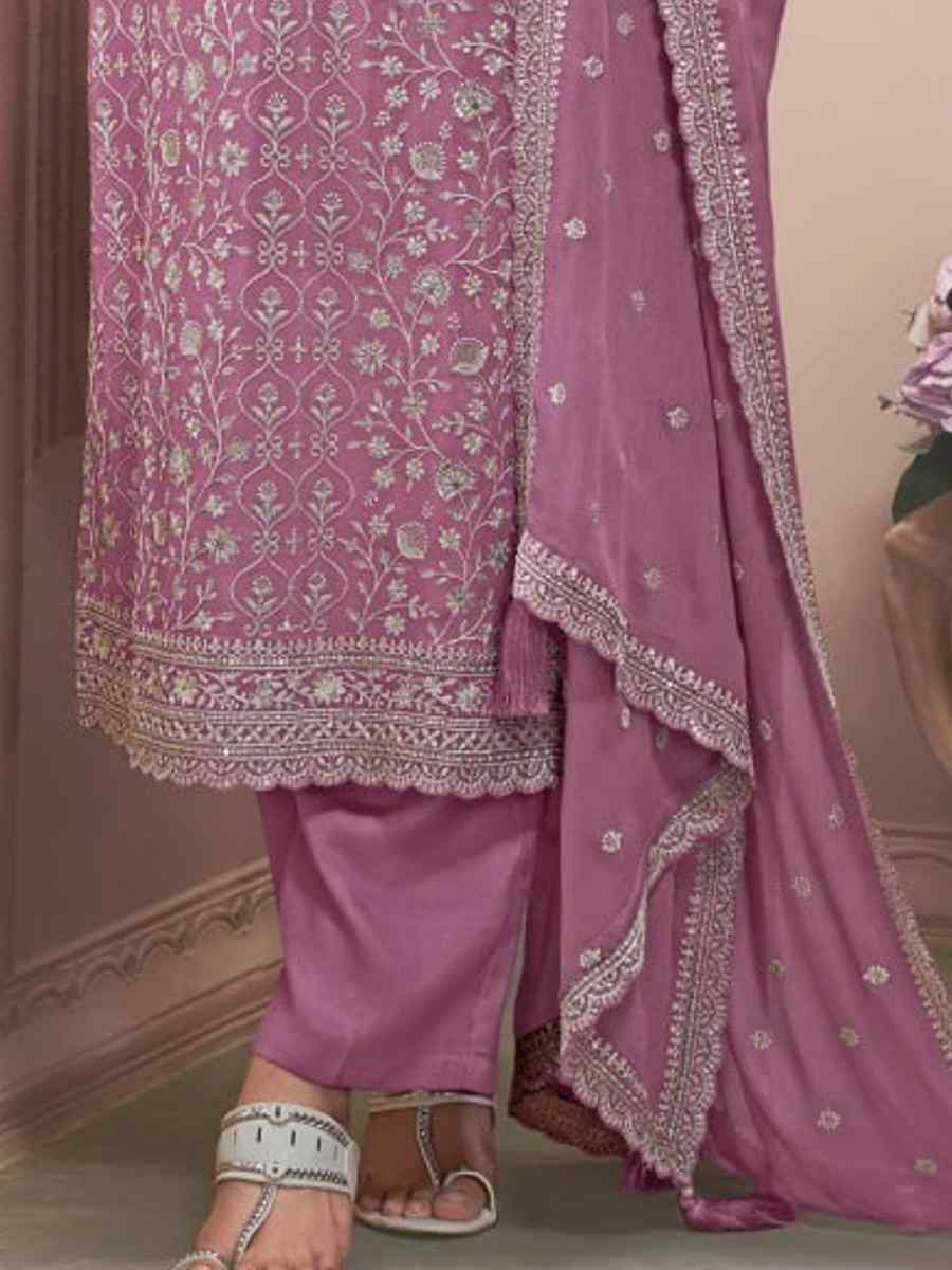 Violet Heavy Chinon Silk Embroidered Festival Casual Pant Salwar Kameez