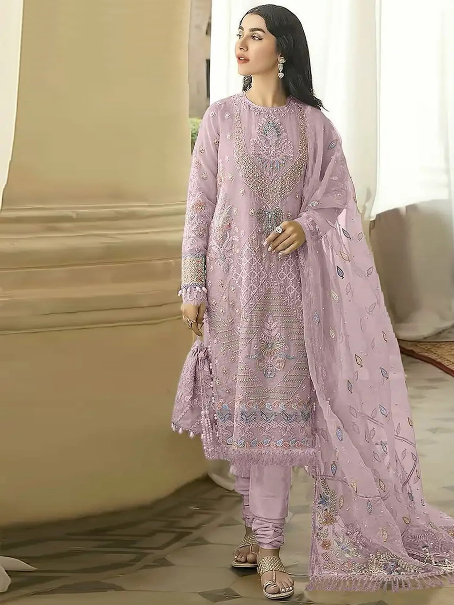 Violet Heavy Faux Georgette Embroidered Festival Wedding Pant Salwar Kameez