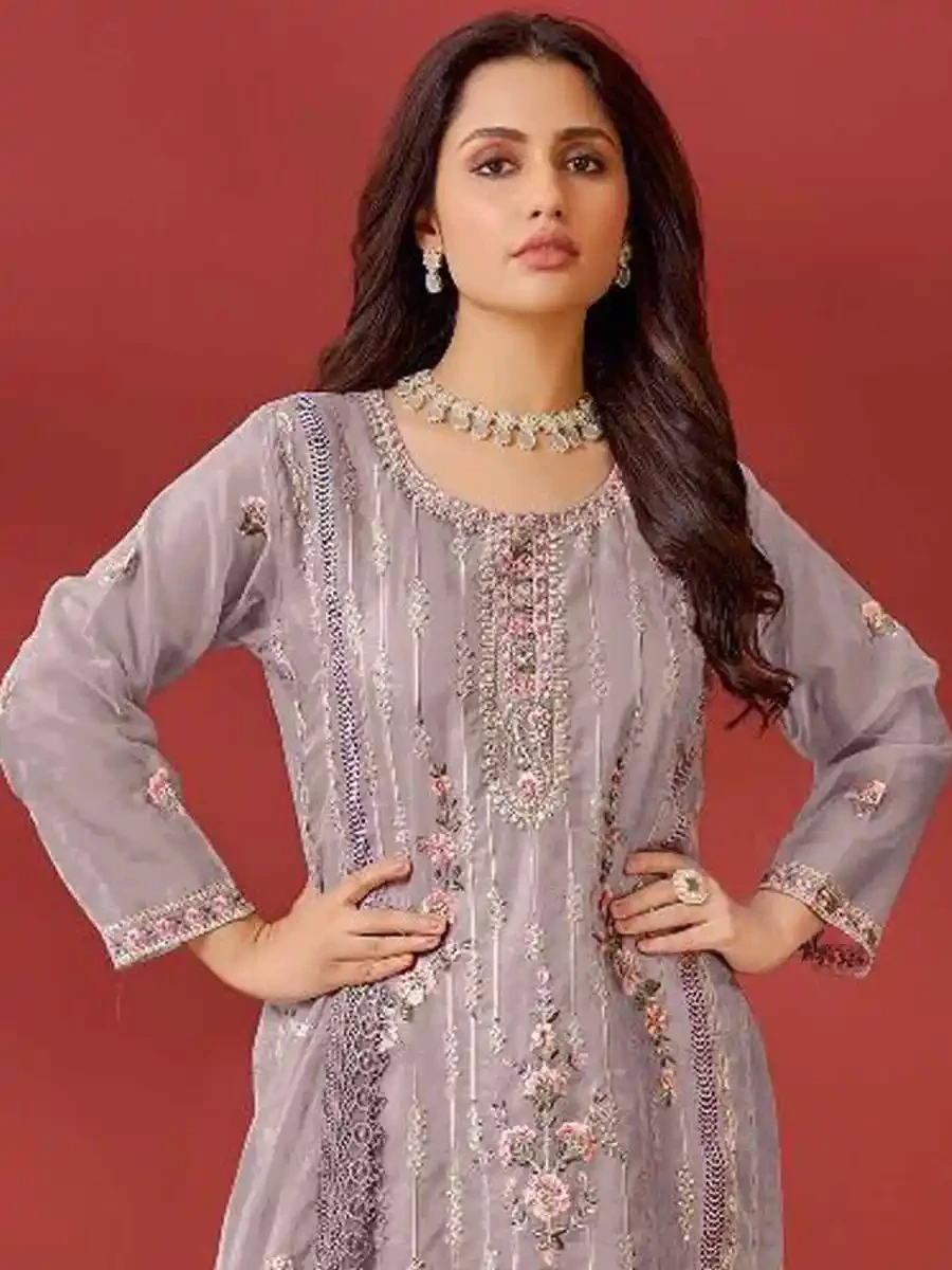 Violet Organza Embroidered Festival Casual Pant Salwar Kameez