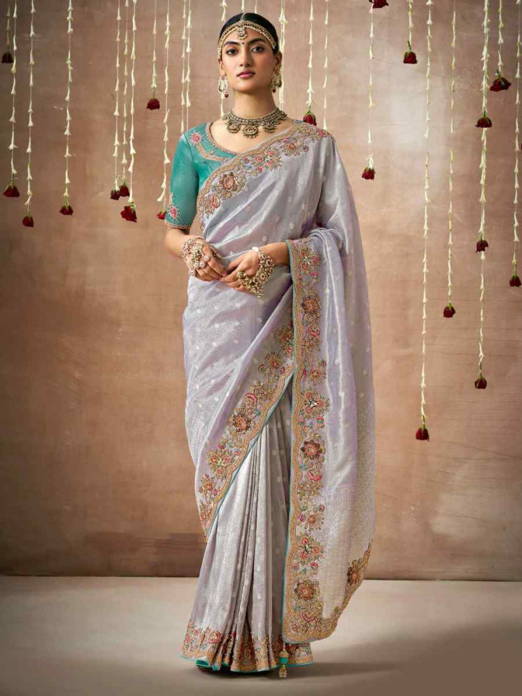 Violet Organza Silk Embroidered Reception Wedding Heavy Border Saree