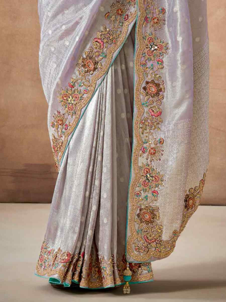 Violet Organza Silk Embroidered Reception Wedding Heavy Border Saree