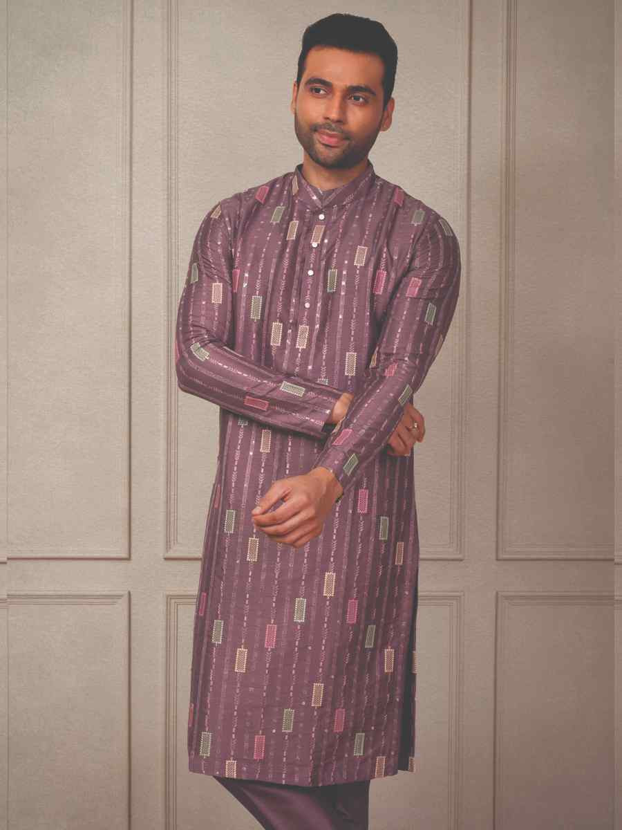 Violet Pink Silk Woven Party Wedding Kurta