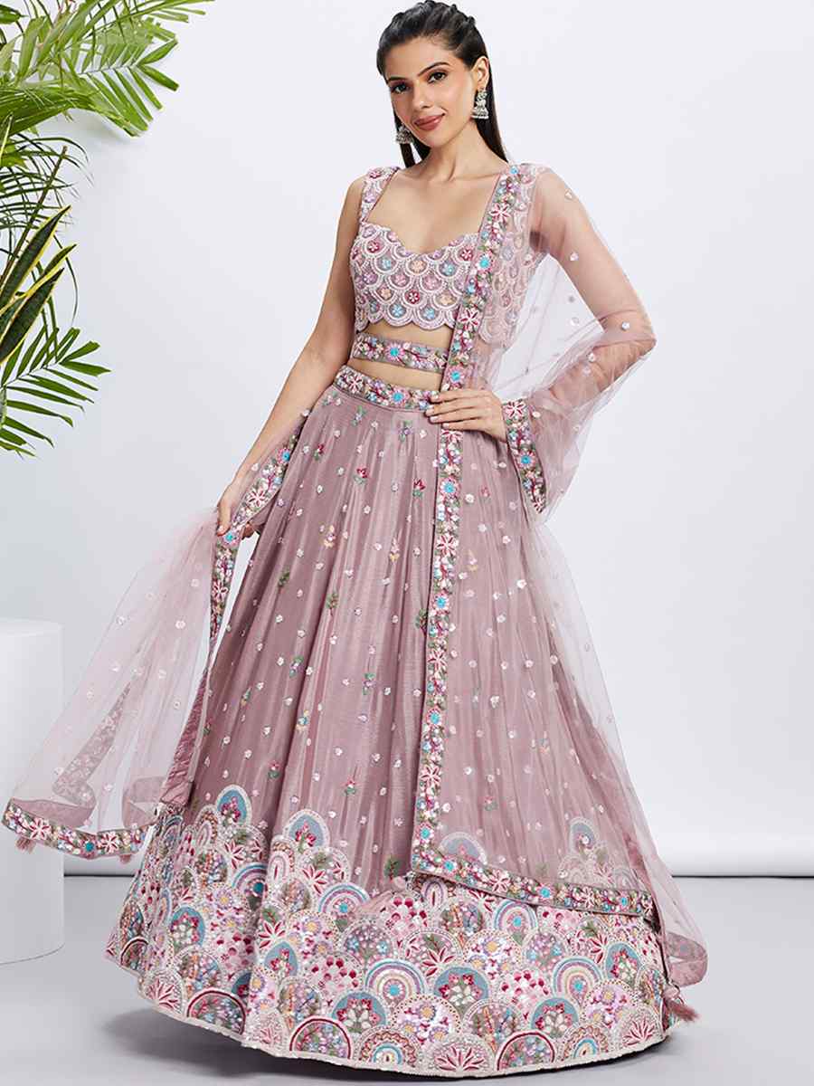 Violet Pure Chiffon Embroidered Bridesmaid Wedding Heavy Border Lehenga Choli