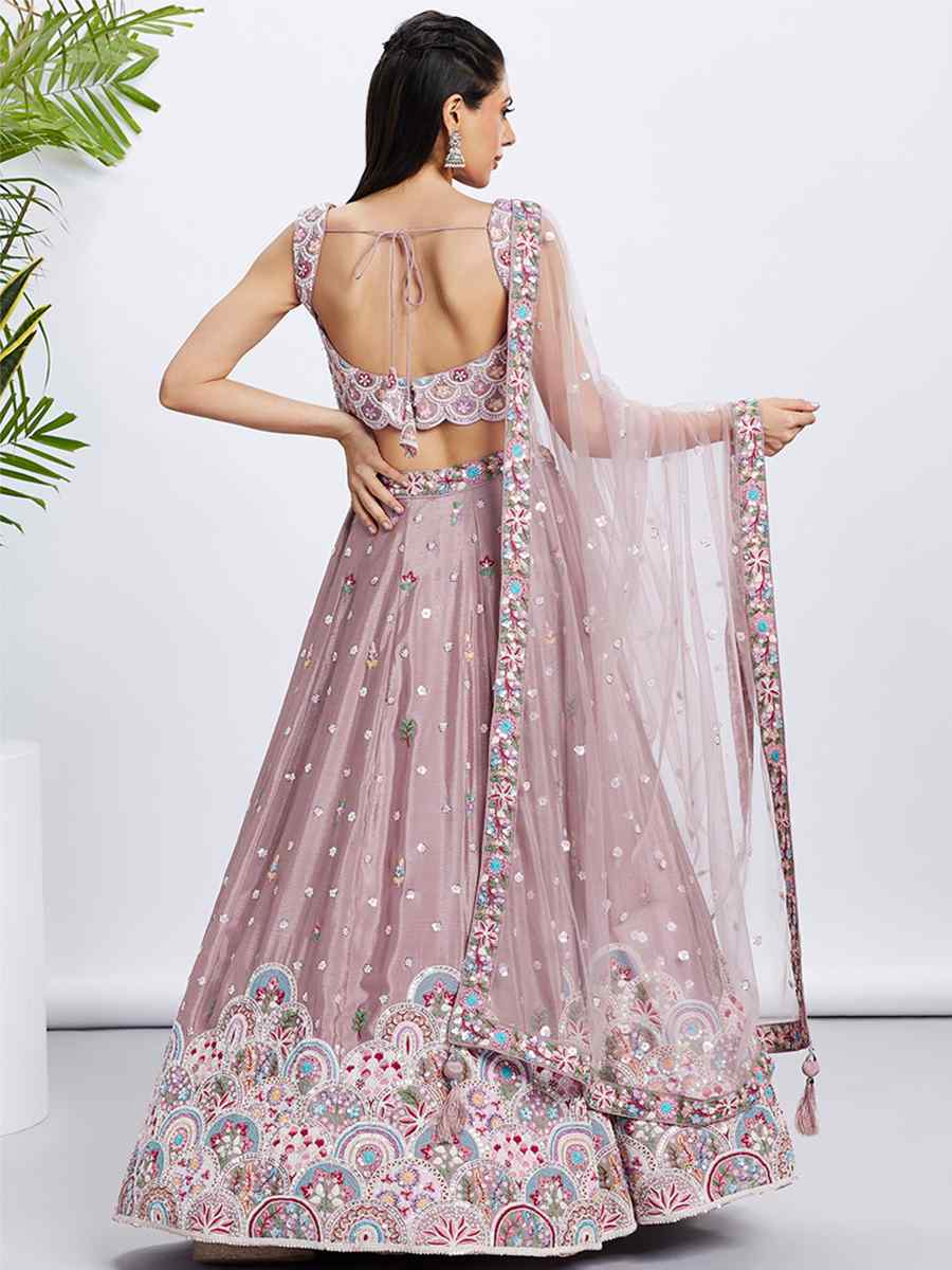 Violet Pure Chiffon Embroidered Bridesmaid Wedding Heavy Border Lehenga Choli