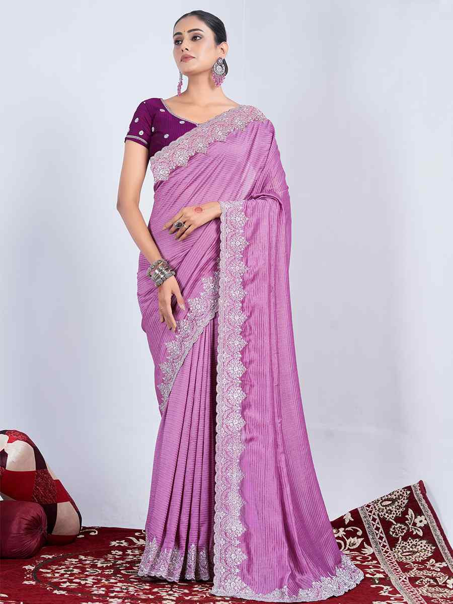 Violet Rangoli Embroidered Festival Party Heavy Border Saree