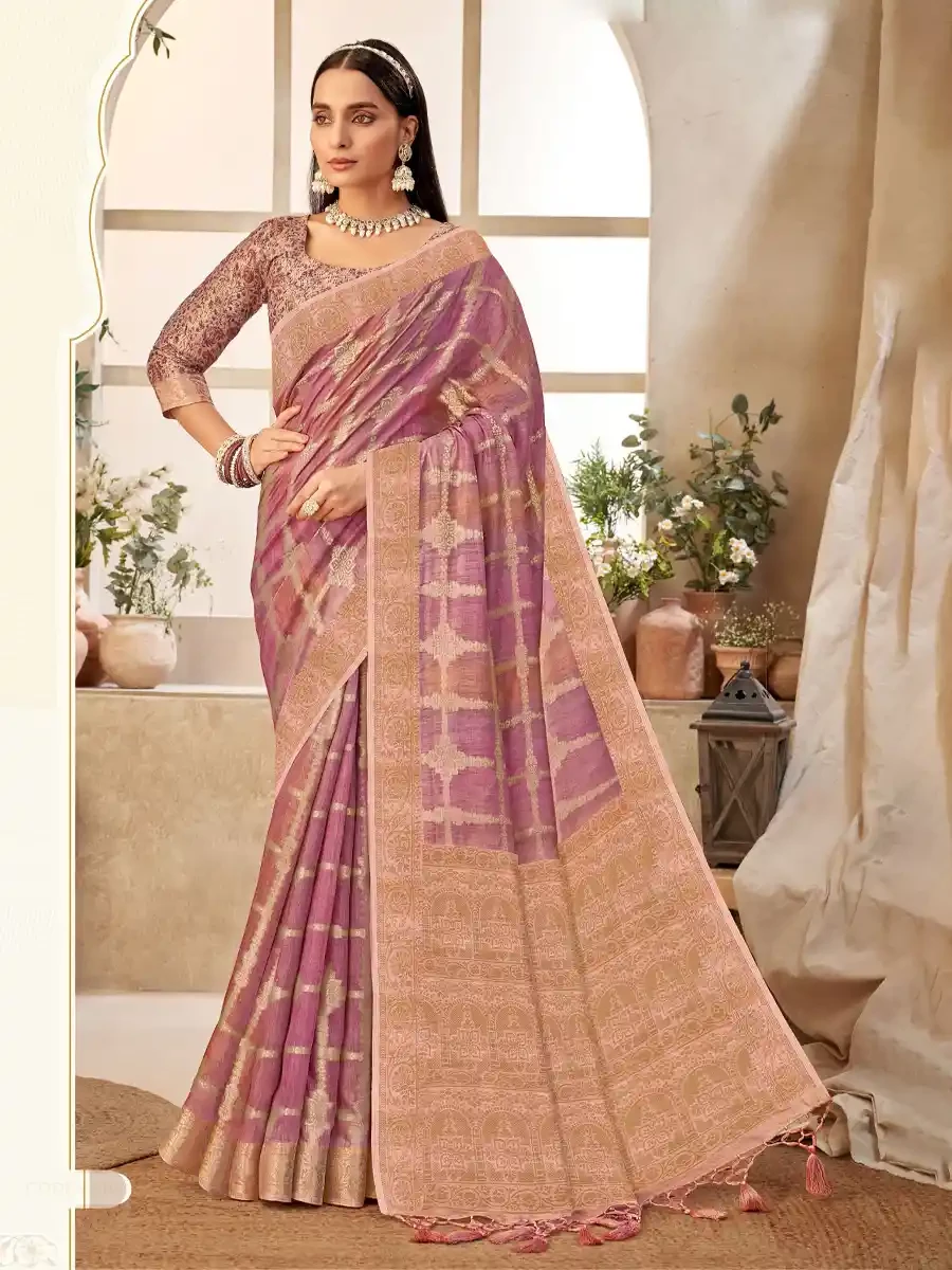 Violet Silk Handwoven Festival Wedding Heavy Border Saree