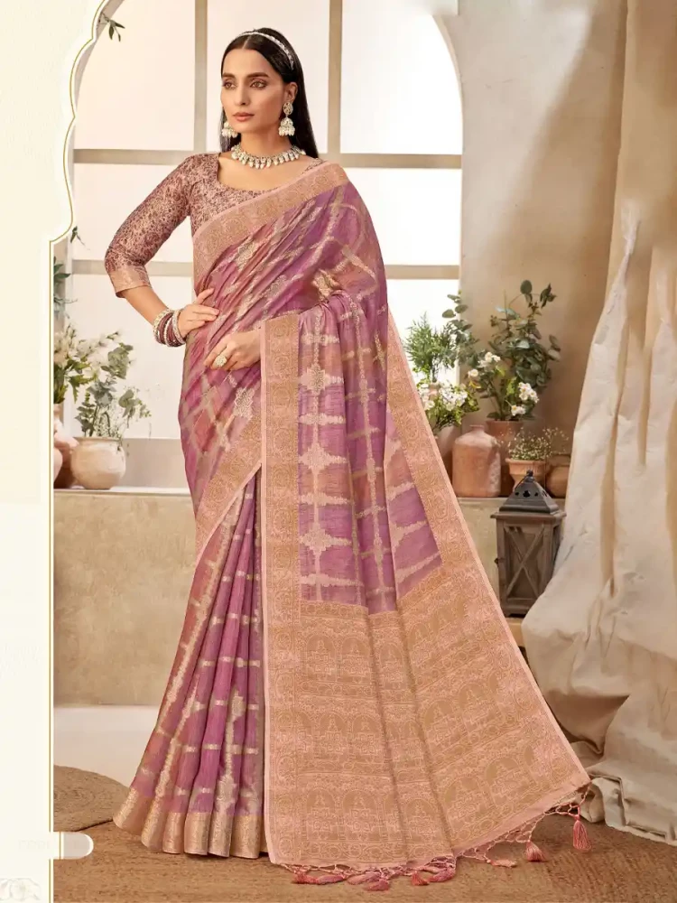 Violet Silk Handwoven Festival Wedding Heavy Border Saree