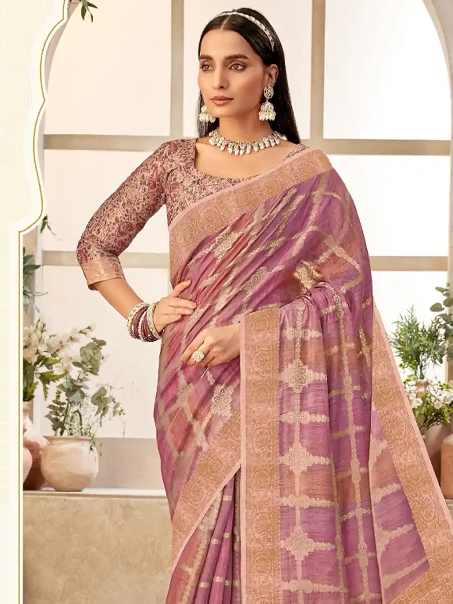 Violet Silk Handwoven Festival Wedding Heavy Border Saree