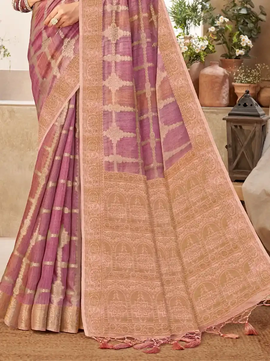 Violet Silk Handwoven Festival Wedding Heavy Border Saree