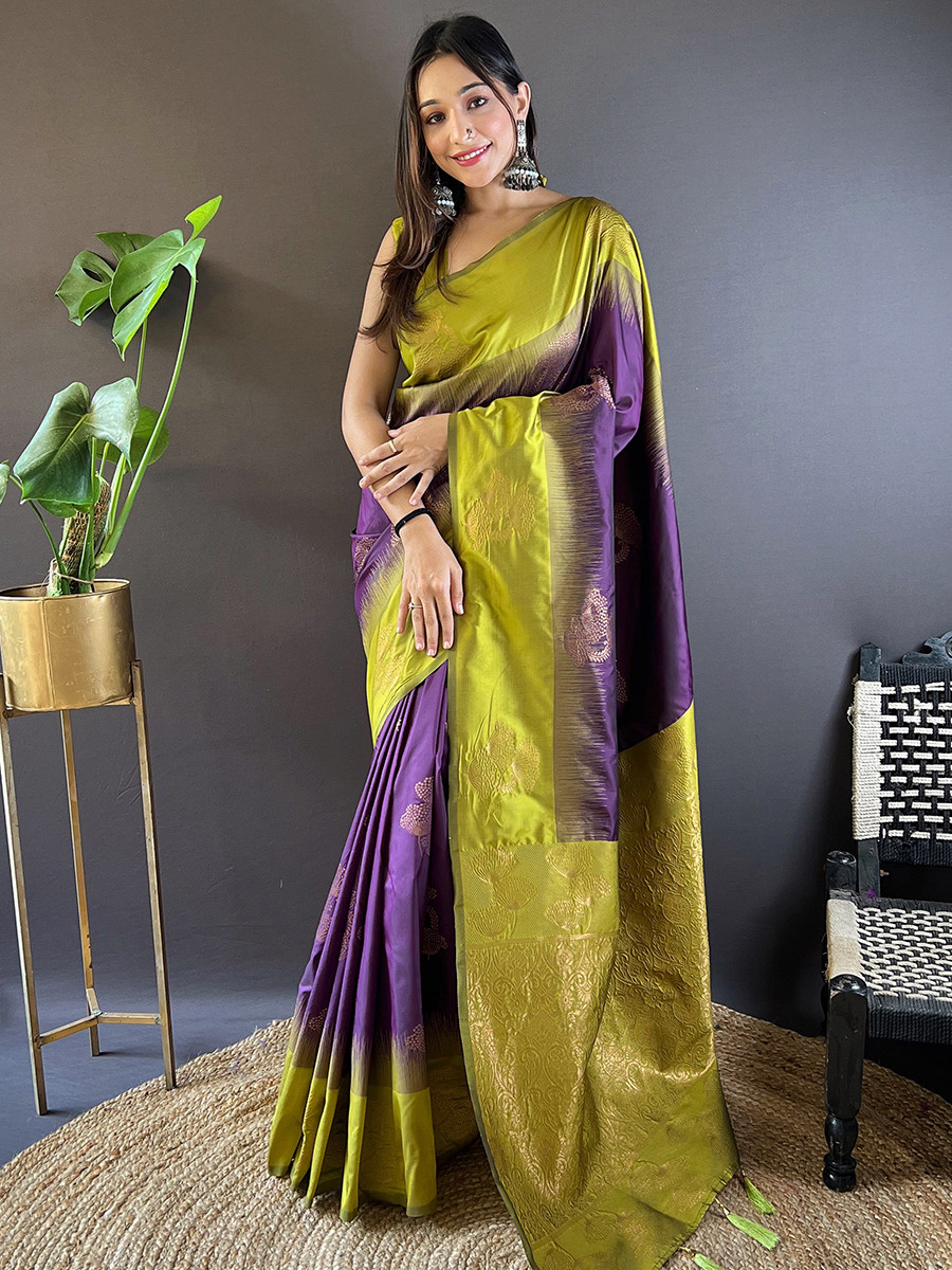 Violet Soft Silk Handwoven Festival Wedding Heavy Border Saree