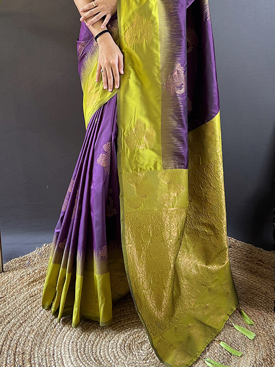 Violet Soft Silk Handwoven Festival Wedding Heavy Border Saree