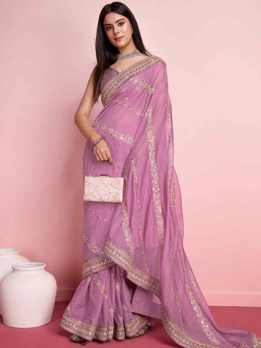 Violet Taby Silk Embroidered Festival Party Classic Style Saree