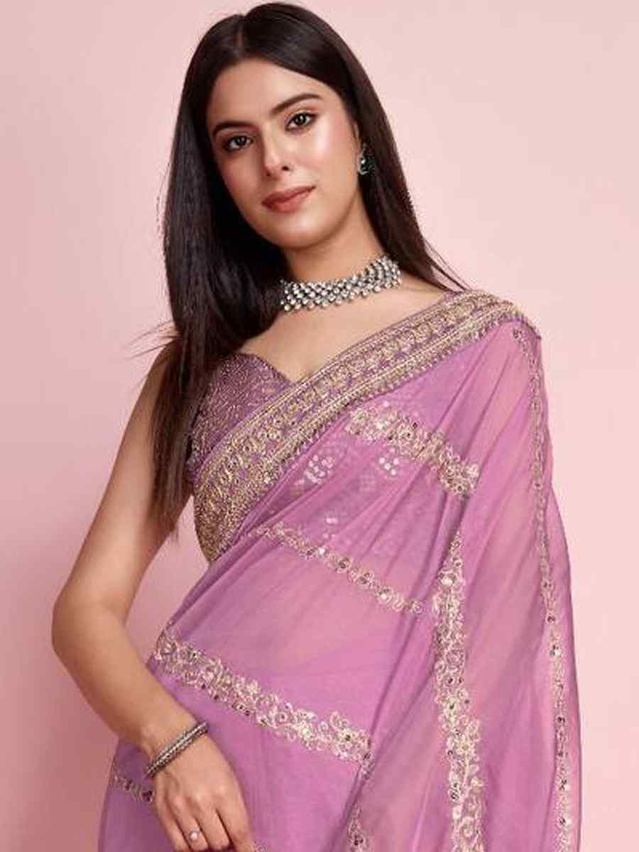 Violet Taby Silk Embroidered Festival Party Classic Style Saree