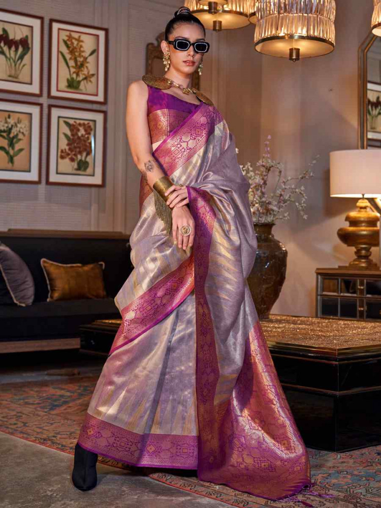 Violet Tissue Silk Handwoven Festival Wedding Heavy Border Saree