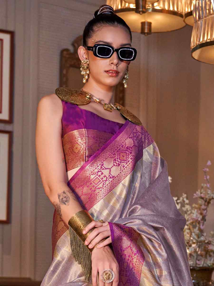 Violet Tissue Silk Handwoven Festival Wedding Heavy Border Saree