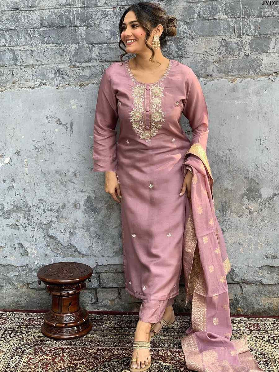 Violet Viscose Chanderi Embroidered Festival Casual Ready Pant Salwar Kameez