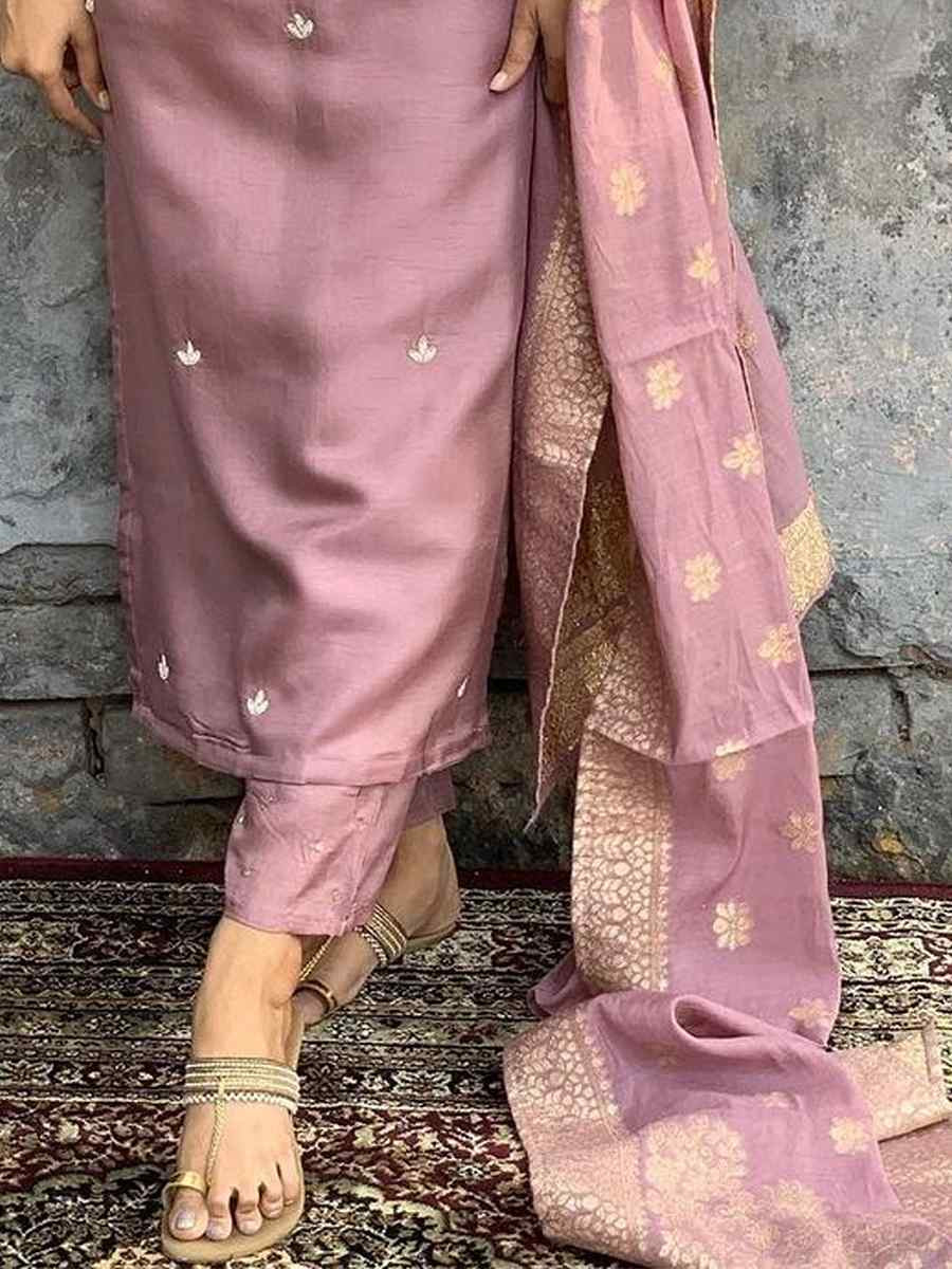 Violet Viscose Chanderi Embroidered Festival Casual Ready Pant Salwar Kameez